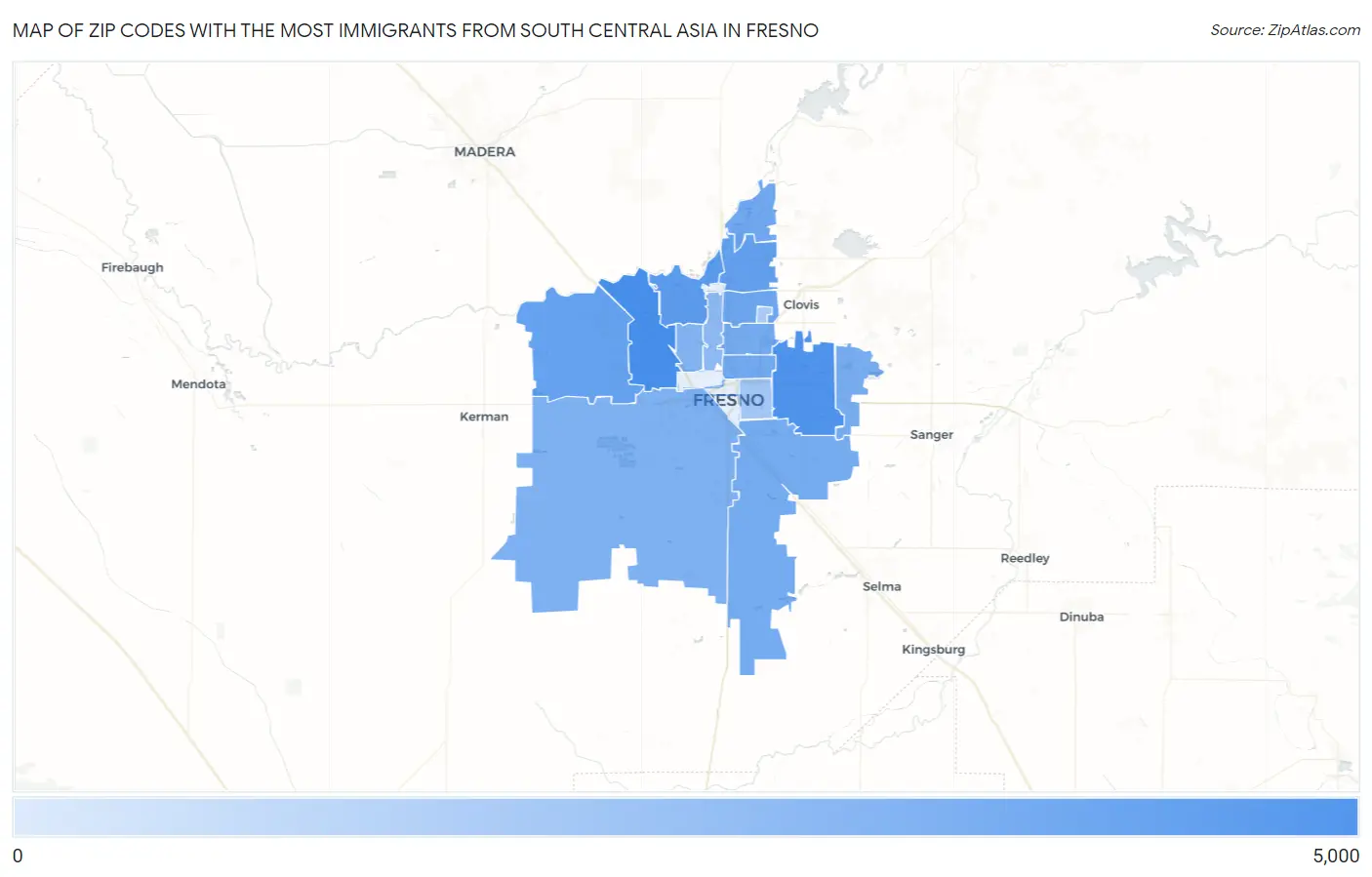 Zip Codes with the Most Immigrants from South Central Asia in Fresno Map