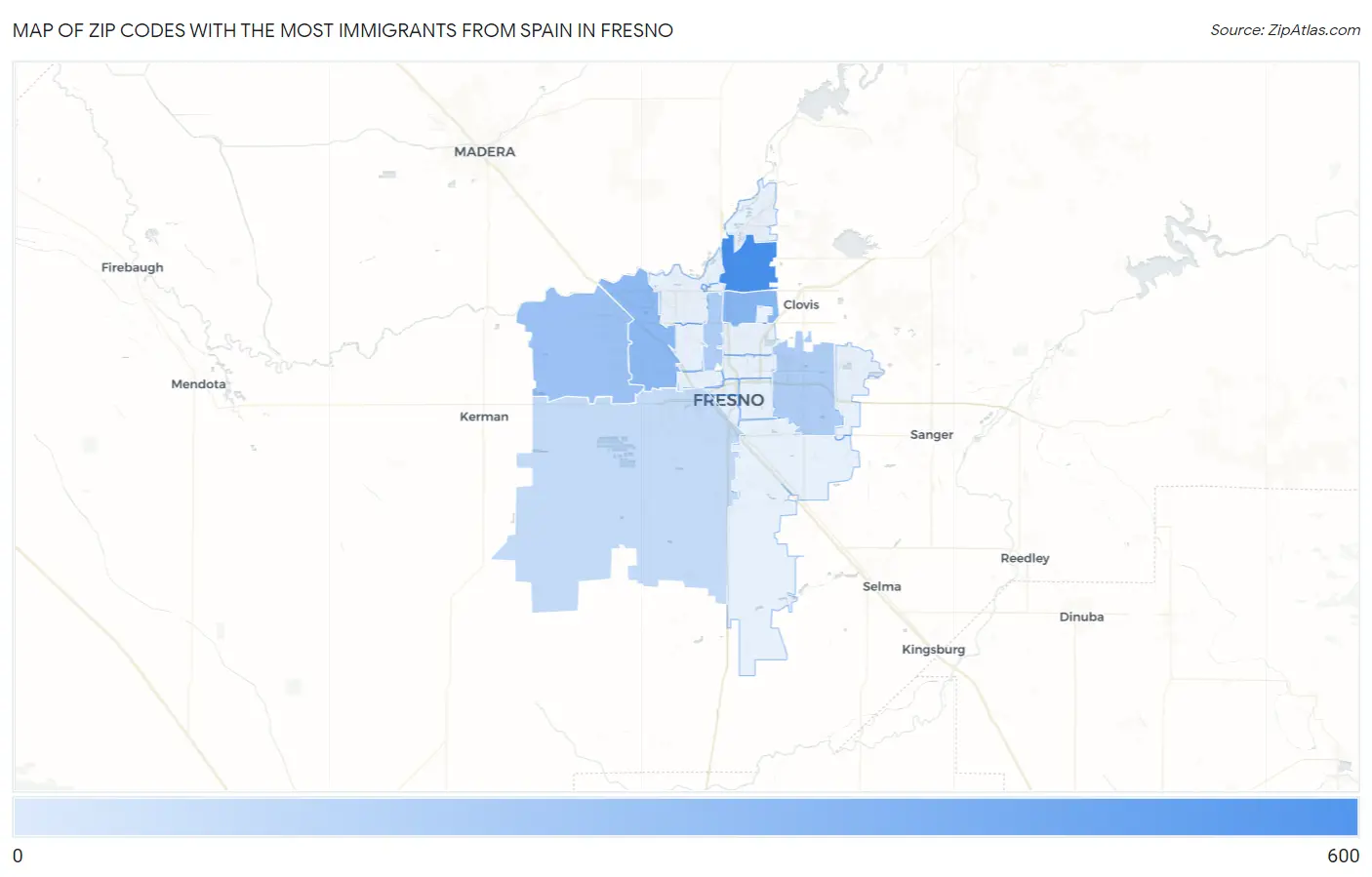 Zip Codes with the Most Immigrants from Spain in Fresno Map