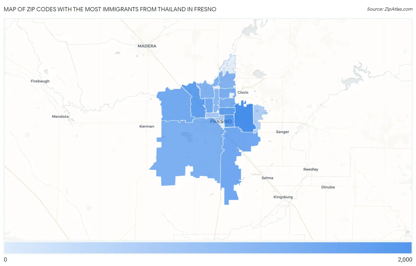Zip Codes with the Most Immigrants from Thailand in Fresno Map