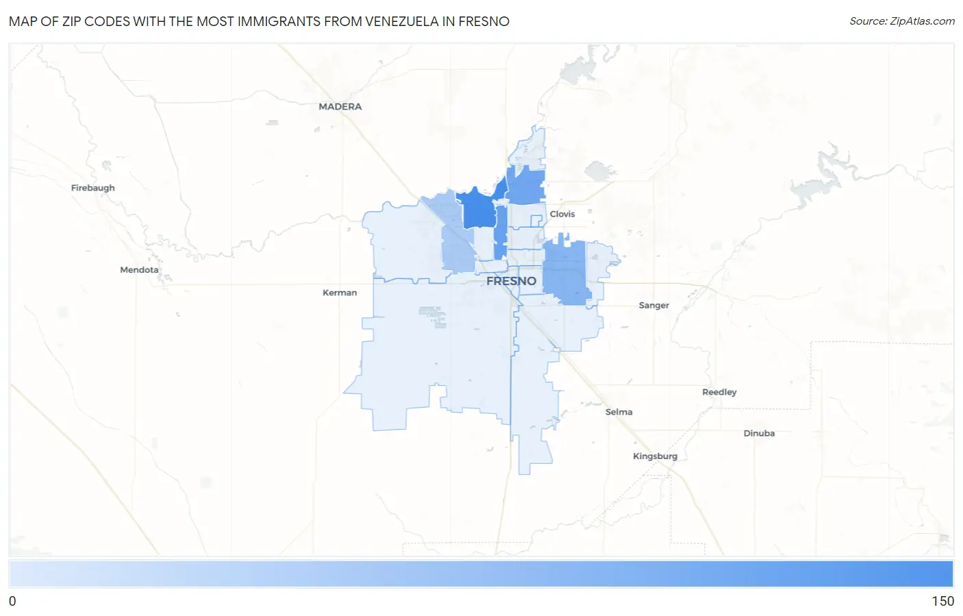 Zip Codes with the Most Immigrants from Venezuela in Fresno Map
