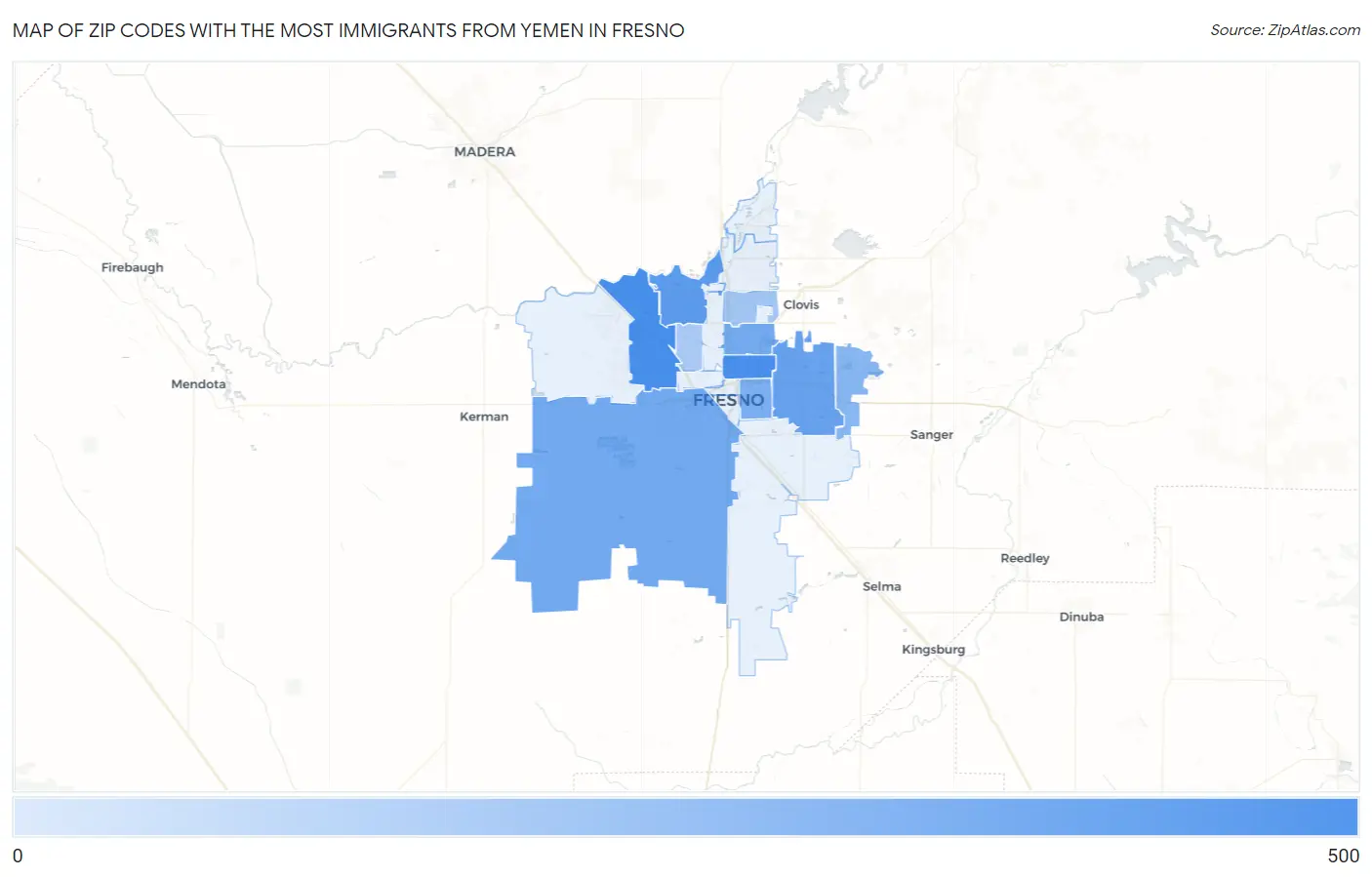 Zip Codes with the Most Immigrants from Yemen in Fresno Map