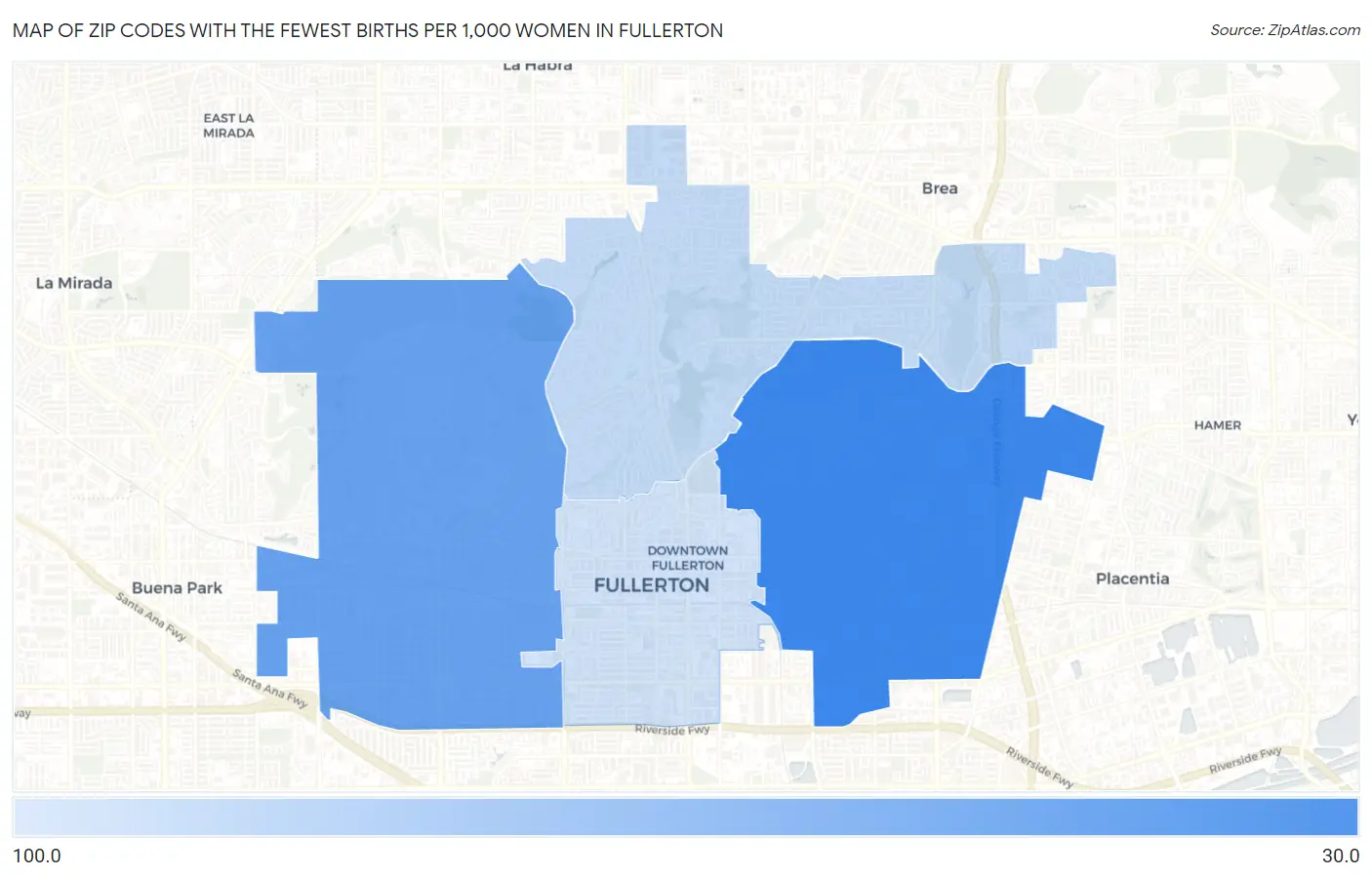 Zip Codes with the Fewest Births per 1,000 Women in Fullerton Map