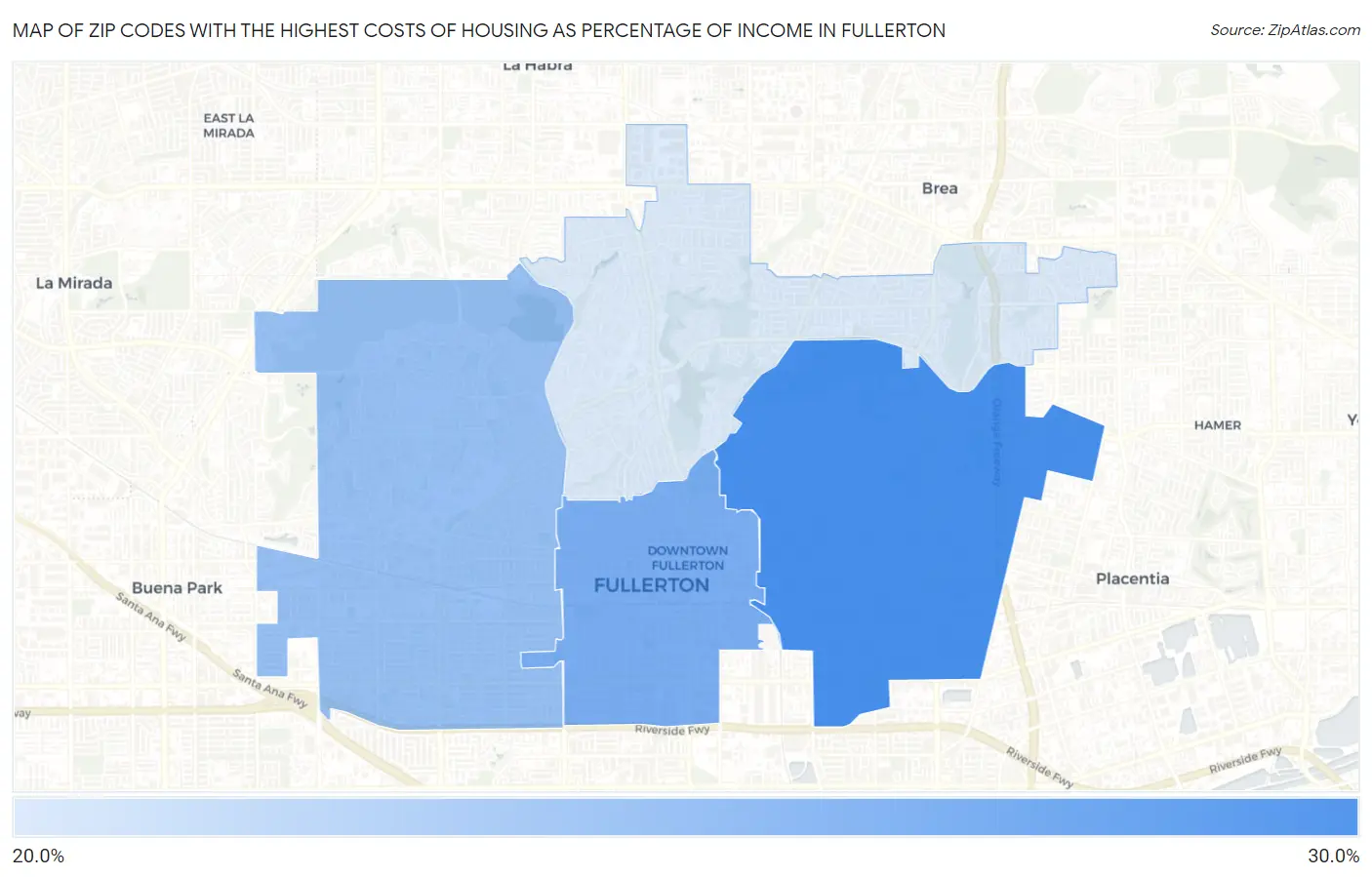 Zip Codes with the Highest Costs of Housing as Percentage of Income in Fullerton Map
