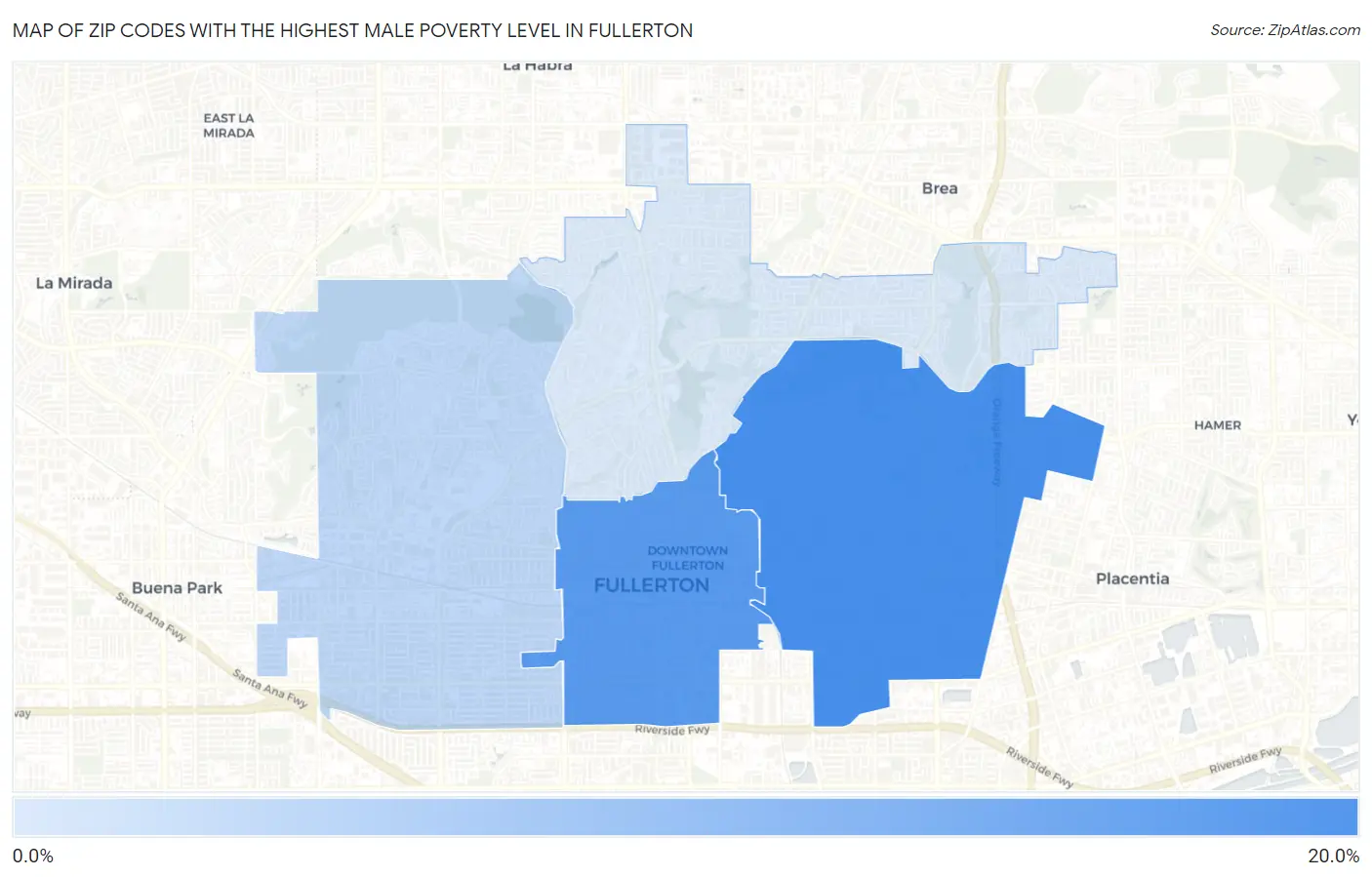 Zip Codes with the Highest Male Poverty Level in Fullerton Map