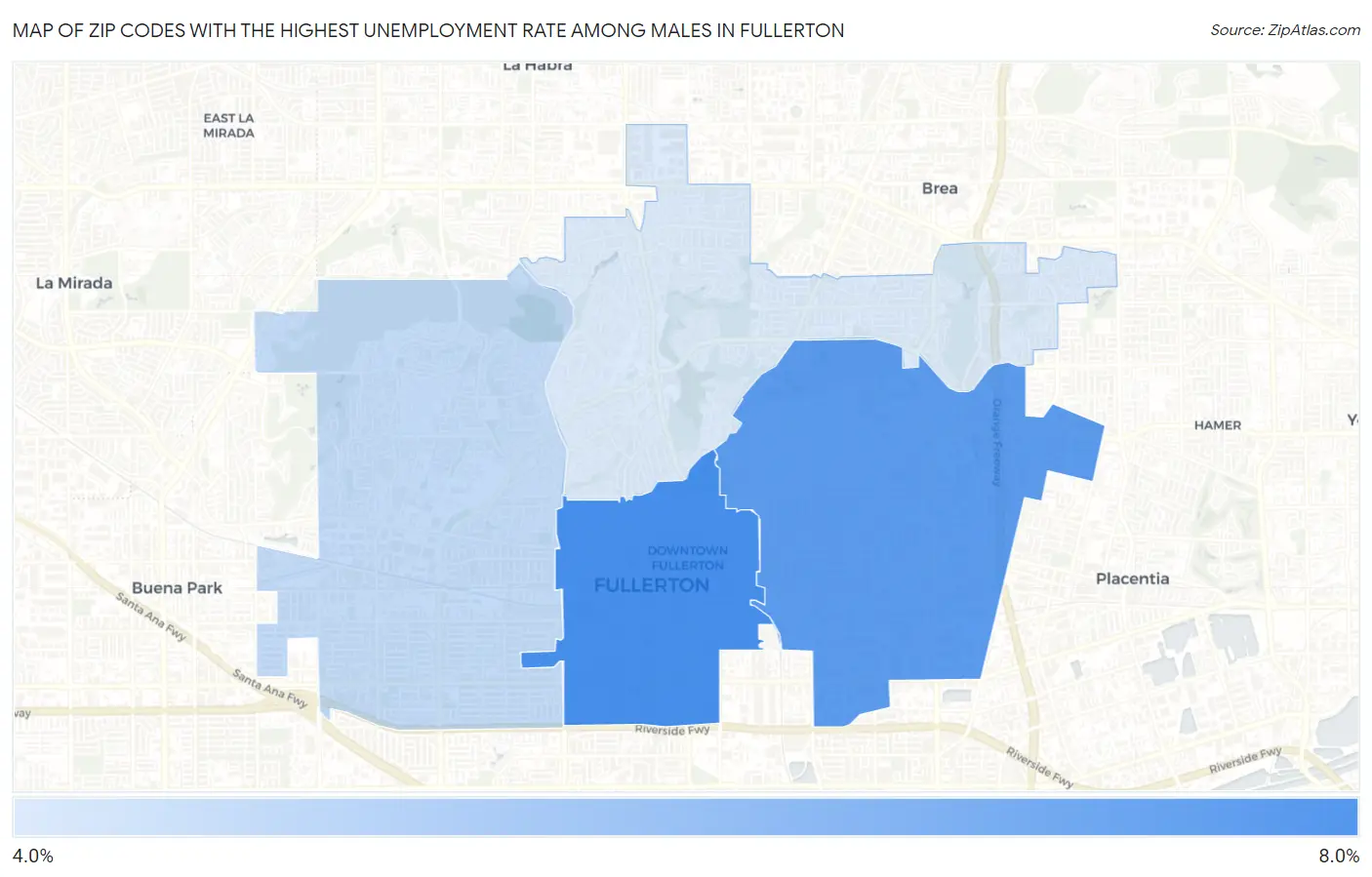 Zip Codes with the Highest Unemployment Rate Among Males in Fullerton Map