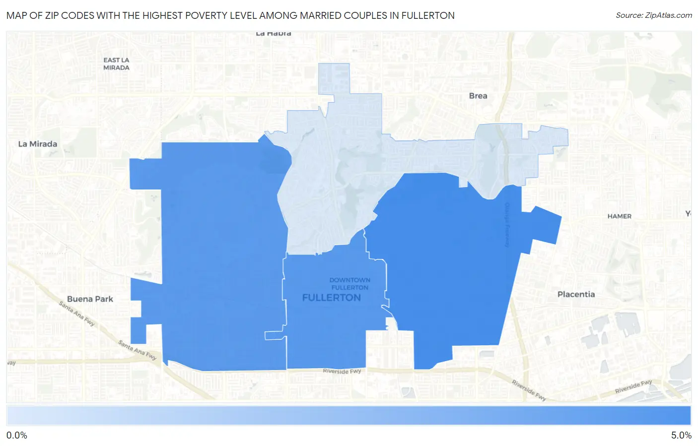 Zip Codes with the Highest Poverty Level Among Married Couples in Fullerton Map