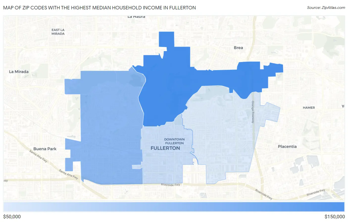 Zip Codes with the Highest Median Household Income in Fullerton Map
