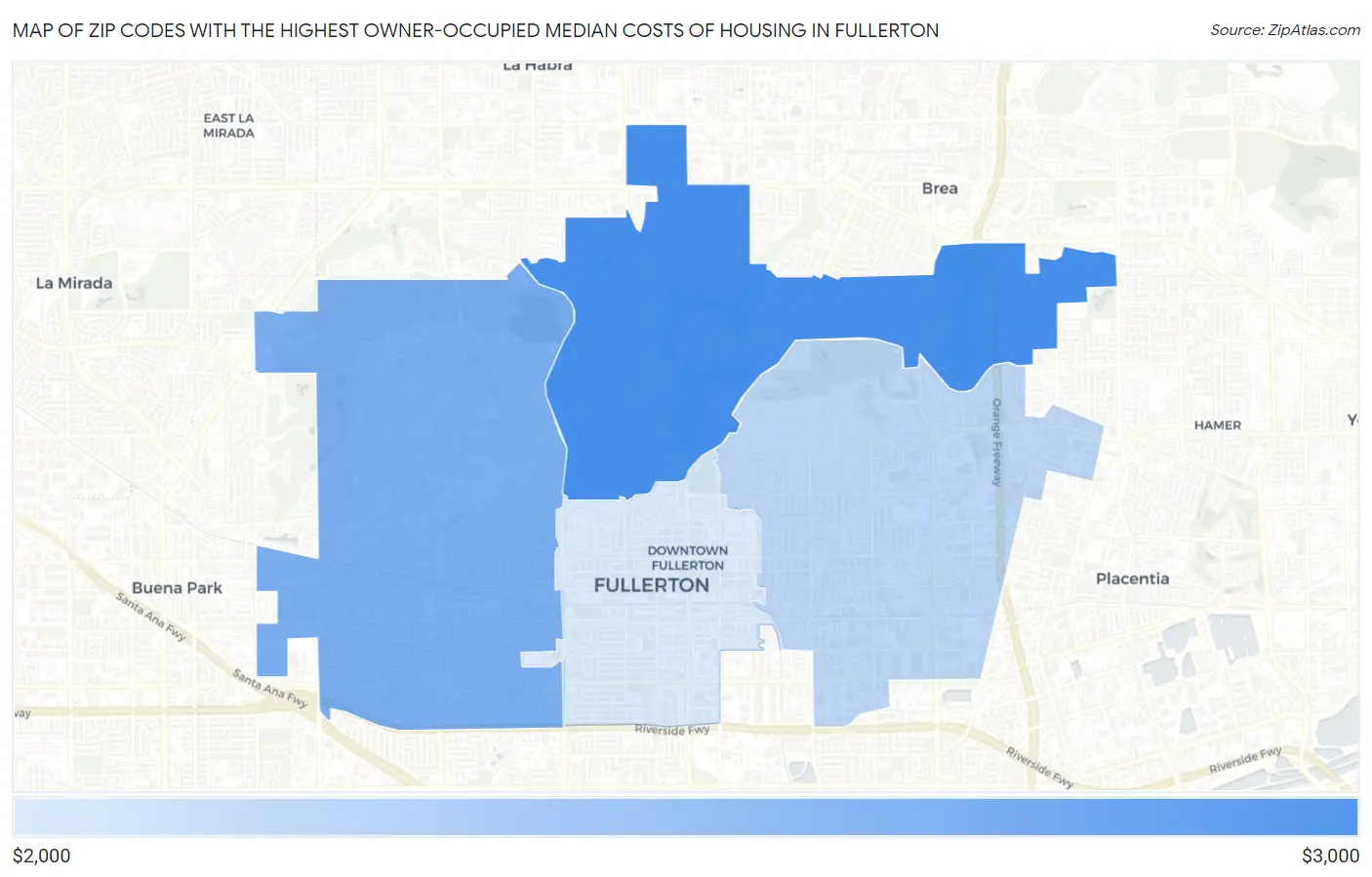 Zip Codes with the Highest Owner-Occupied Median Costs of Housing in Fullerton Map