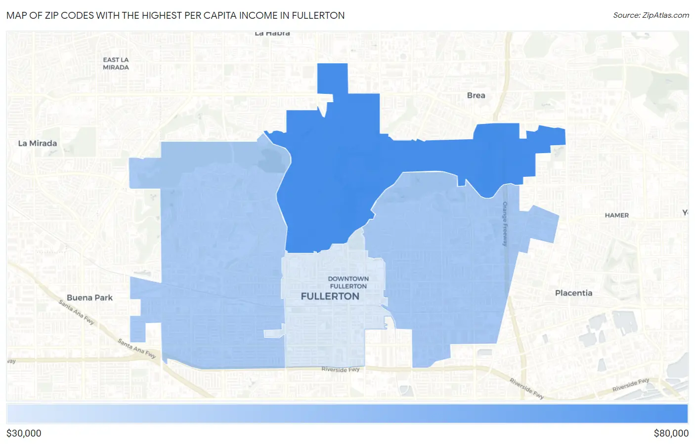 Zip Codes with the Highest Per Capita Income in Fullerton Map