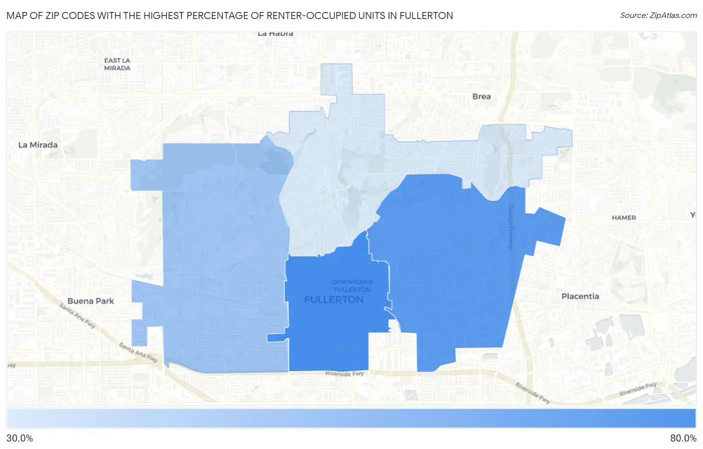 Zip Codes with the Highest Percentage of Renter-Occupied Units in Fullerton Map