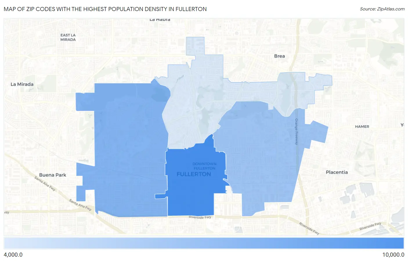 Zip Codes with the Highest Population Density in Fullerton Map
