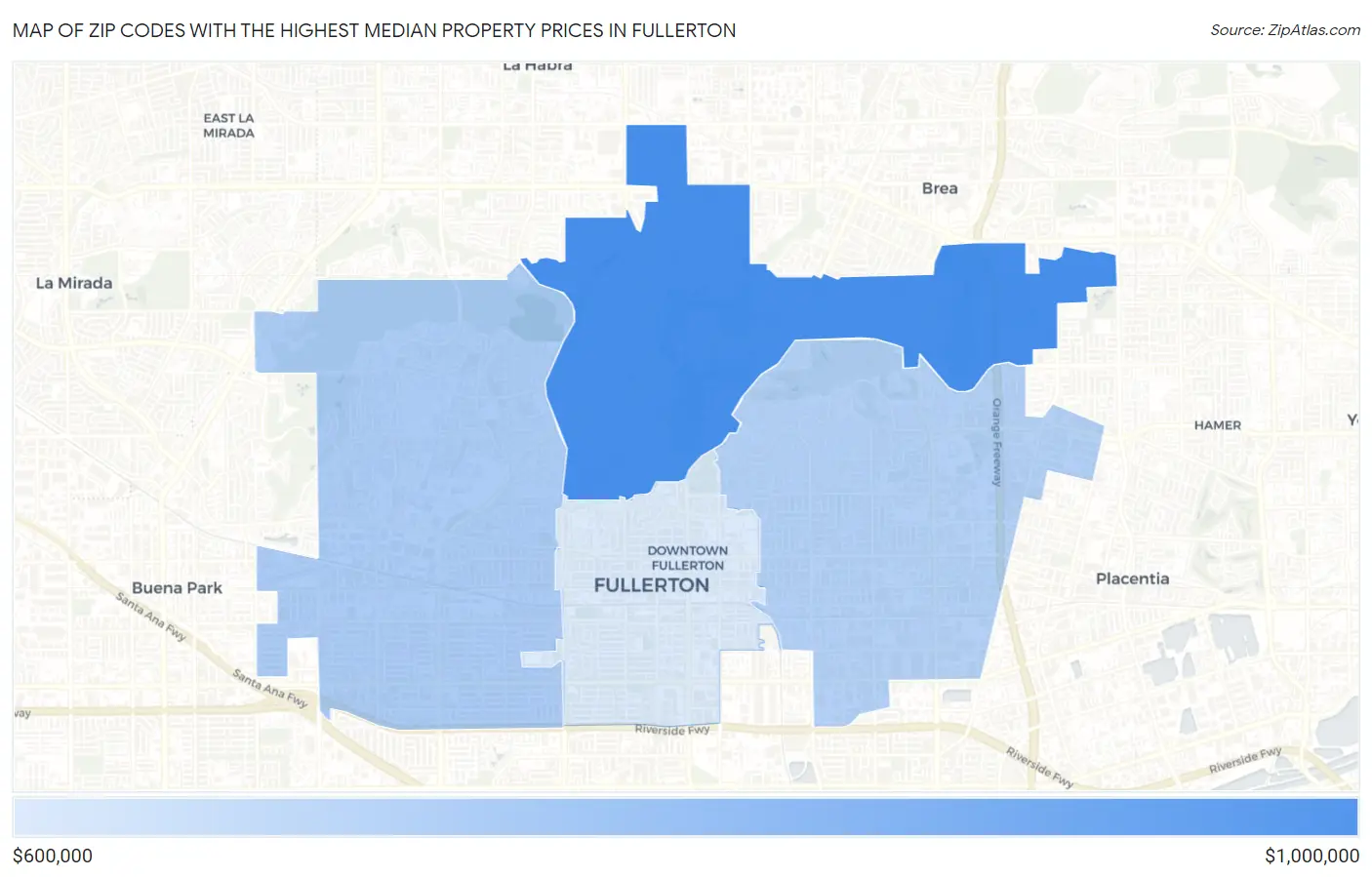 Zip Codes with the Highest Median Property Prices in Fullerton Map