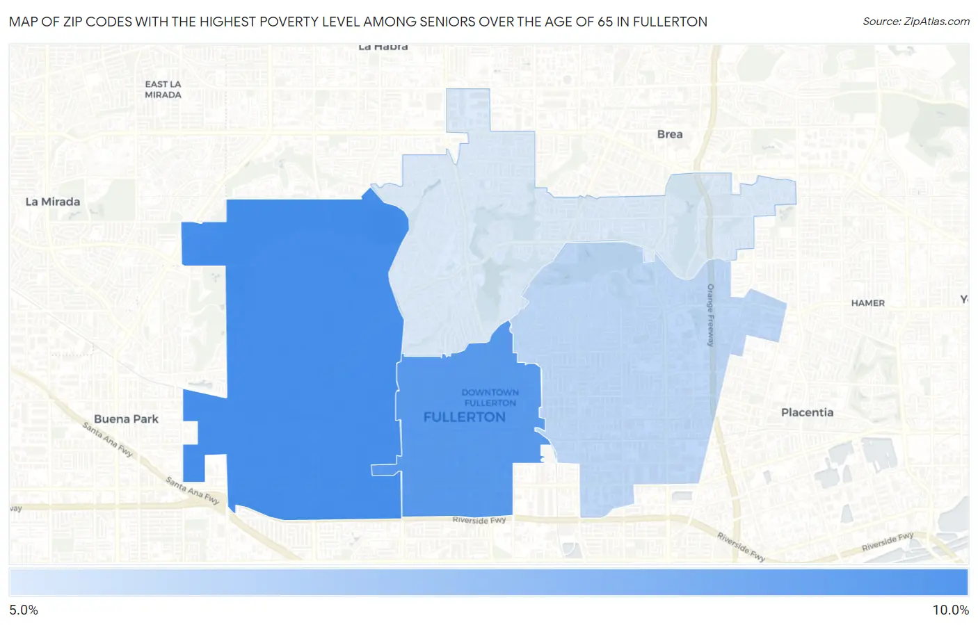 Zip Codes with the Highest Poverty Level Among Seniors Over the Age of 65 in Fullerton Map