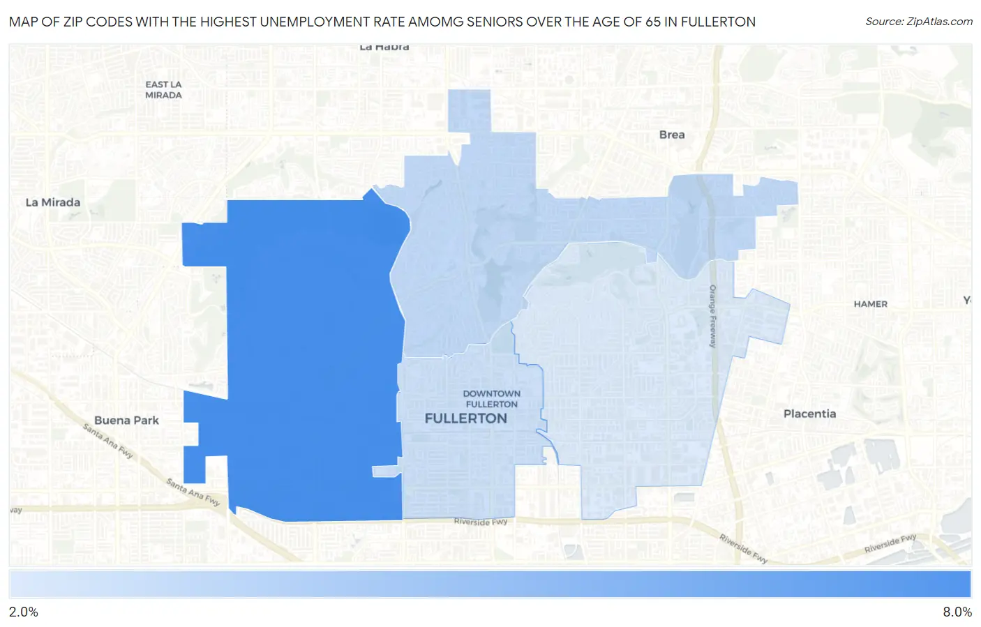 Zip Codes with the Highest Unemployment Rate Amomg Seniors Over the Age of 65 in Fullerton Map