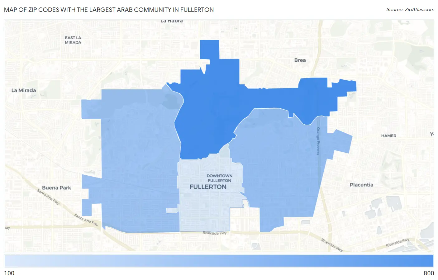 Zip Codes with the Largest Arab Community in Fullerton Map