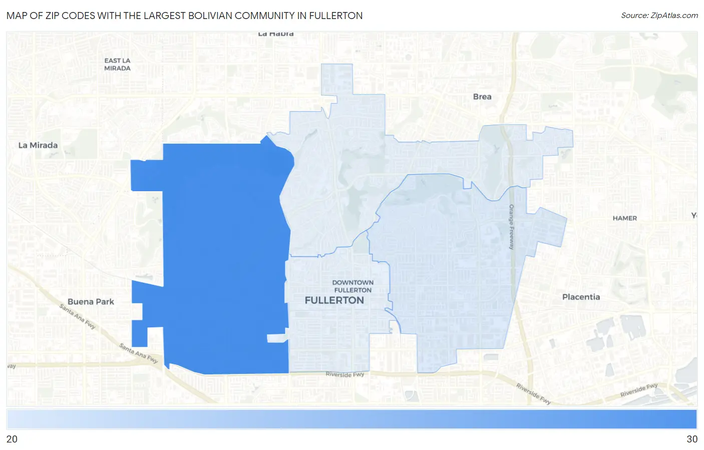 Zip Codes with the Largest Bolivian Community in Fullerton Map