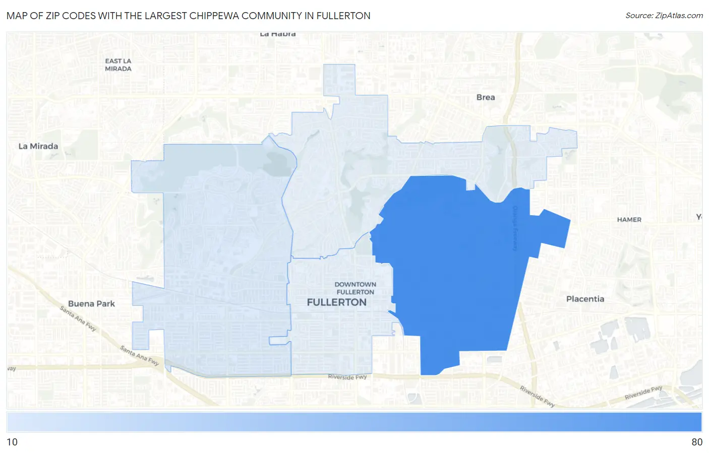 Zip Codes with the Largest Chippewa Community in Fullerton Map