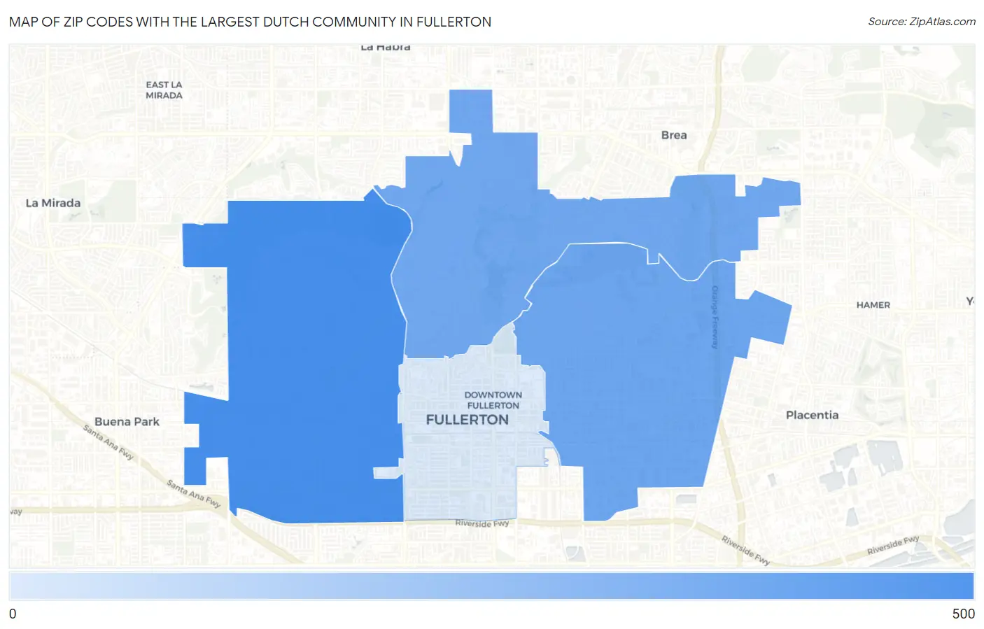 Zip Codes with the Largest Dutch Community in Fullerton Map