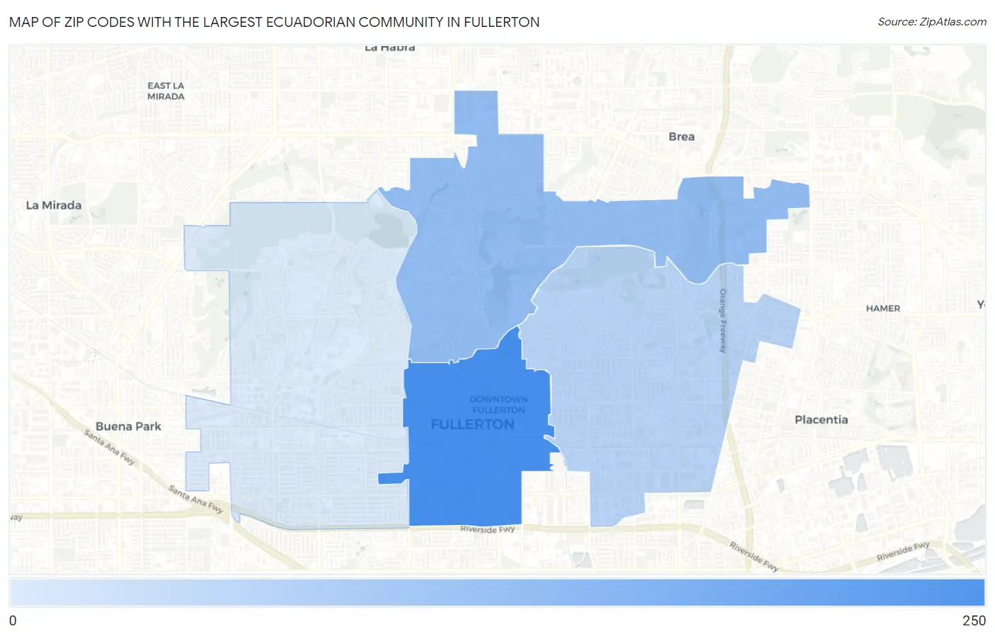 Zip Codes with the Largest Ecuadorian Community in Fullerton Map