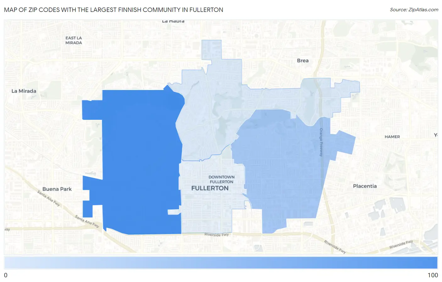 Zip Codes with the Largest Finnish Community in Fullerton Map