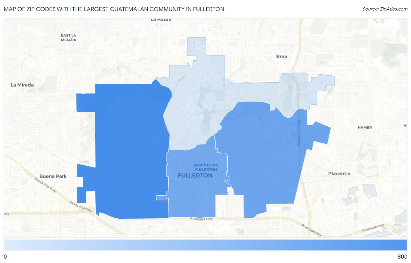 Zip Codes with the Largest Guatemalan Community in Fullerton Map