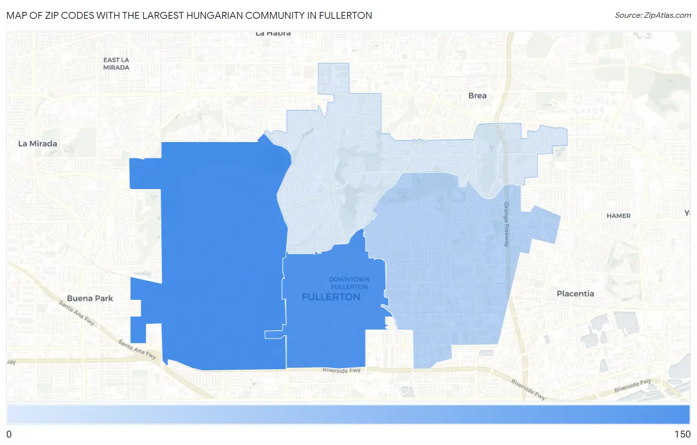Zip Codes with the Largest Hungarian Community in Fullerton Map