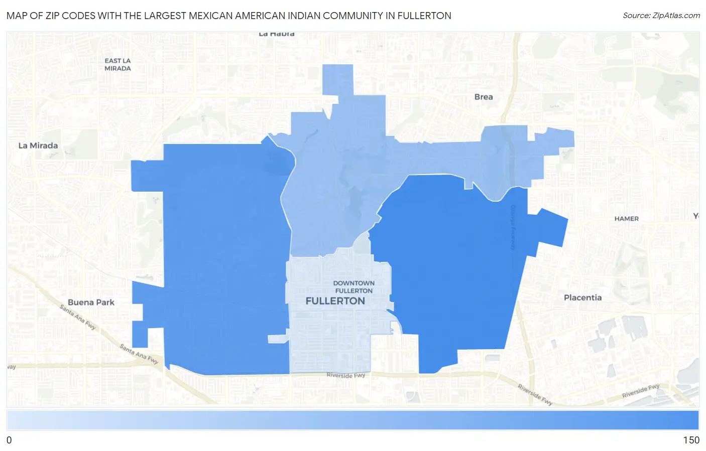 Zip Codes with the Largest Mexican American Indian Community in Fullerton Map