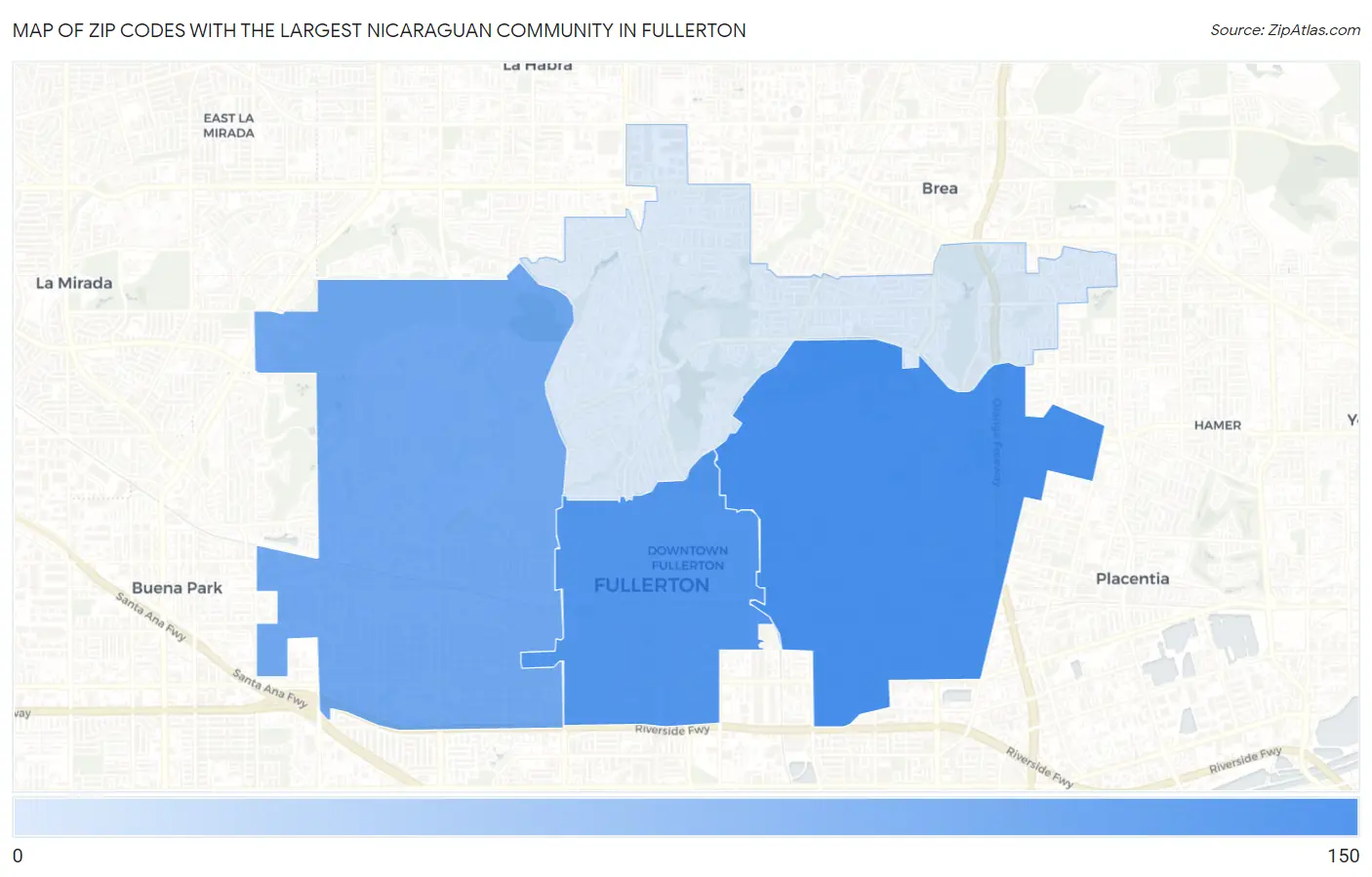 Zip Codes with the Largest Nicaraguan Community in Fullerton Map