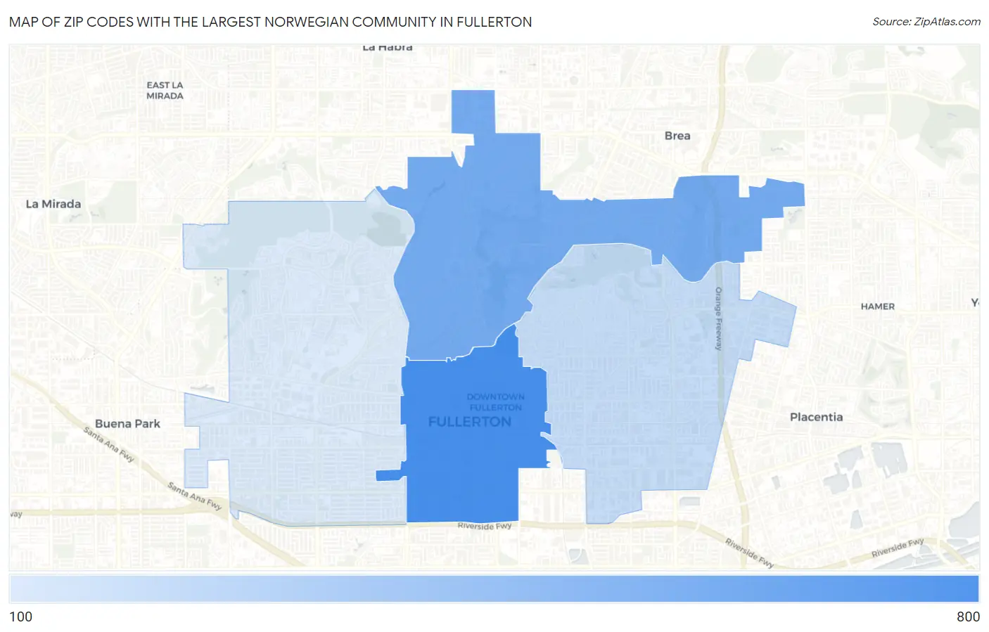 Zip Codes with the Largest Norwegian Community in Fullerton Map