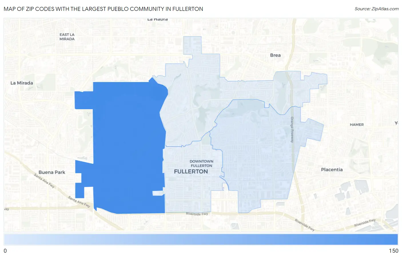 Zip Codes with the Largest Pueblo Community in Fullerton Map