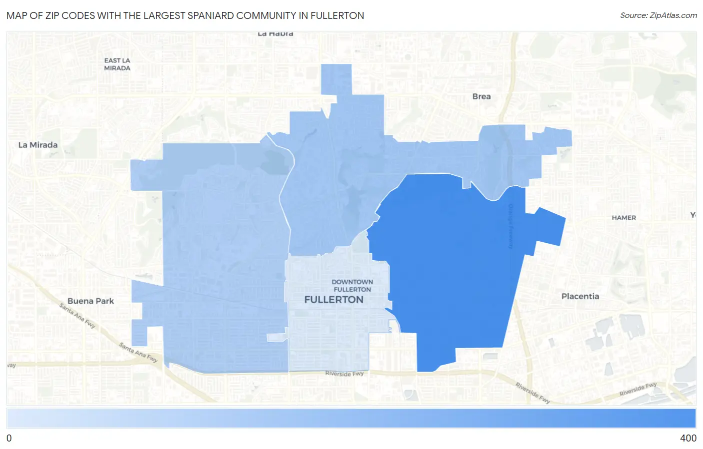 Zip Codes with the Largest Spaniard Community in Fullerton Map