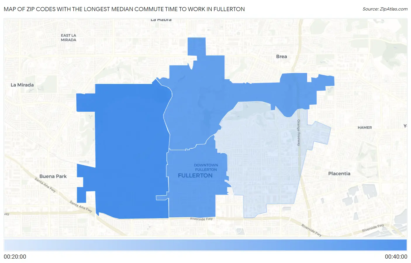 Zip Codes with the Longest Median Commute Time to Work in Fullerton Map