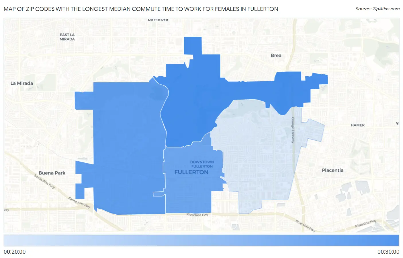 Zip Codes with the Longest Median Commute Time to Work for Females in Fullerton Map