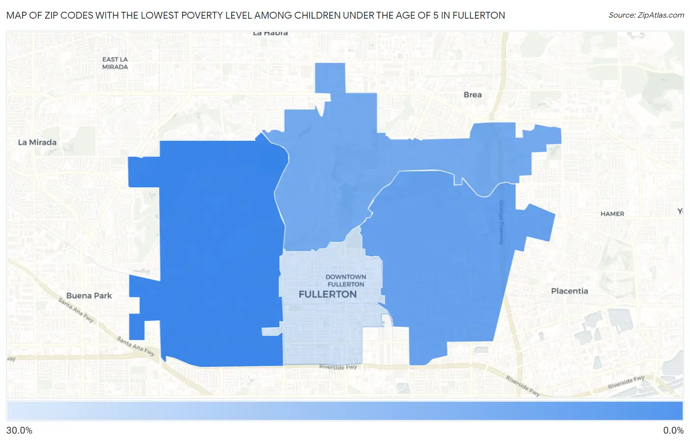 Zip Codes with the Lowest Poverty Level Among Children Under the Age of 5 in Fullerton Map