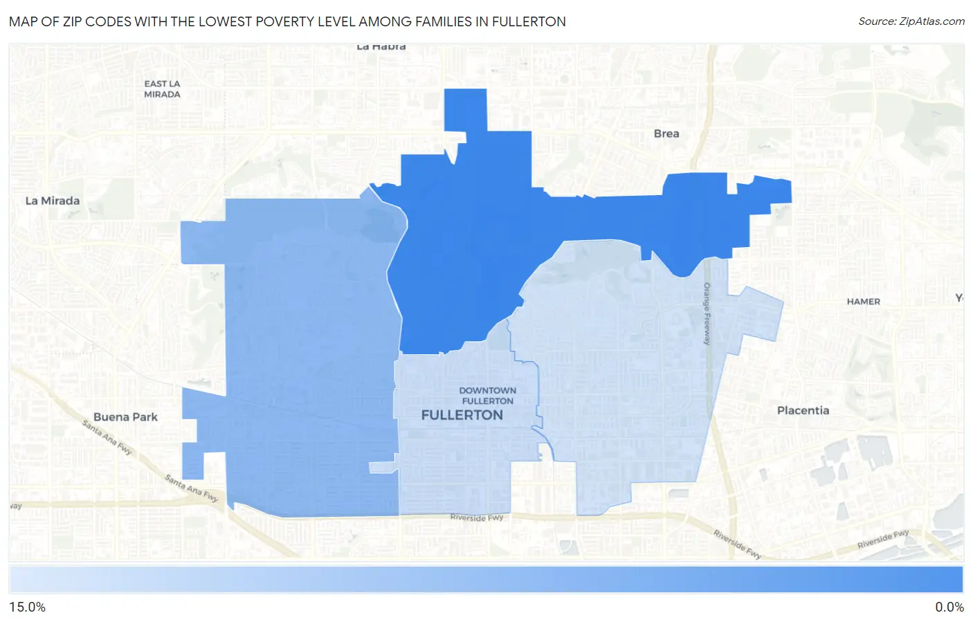 Zip Codes with the Lowest Poverty Level Among Families in Fullerton Map