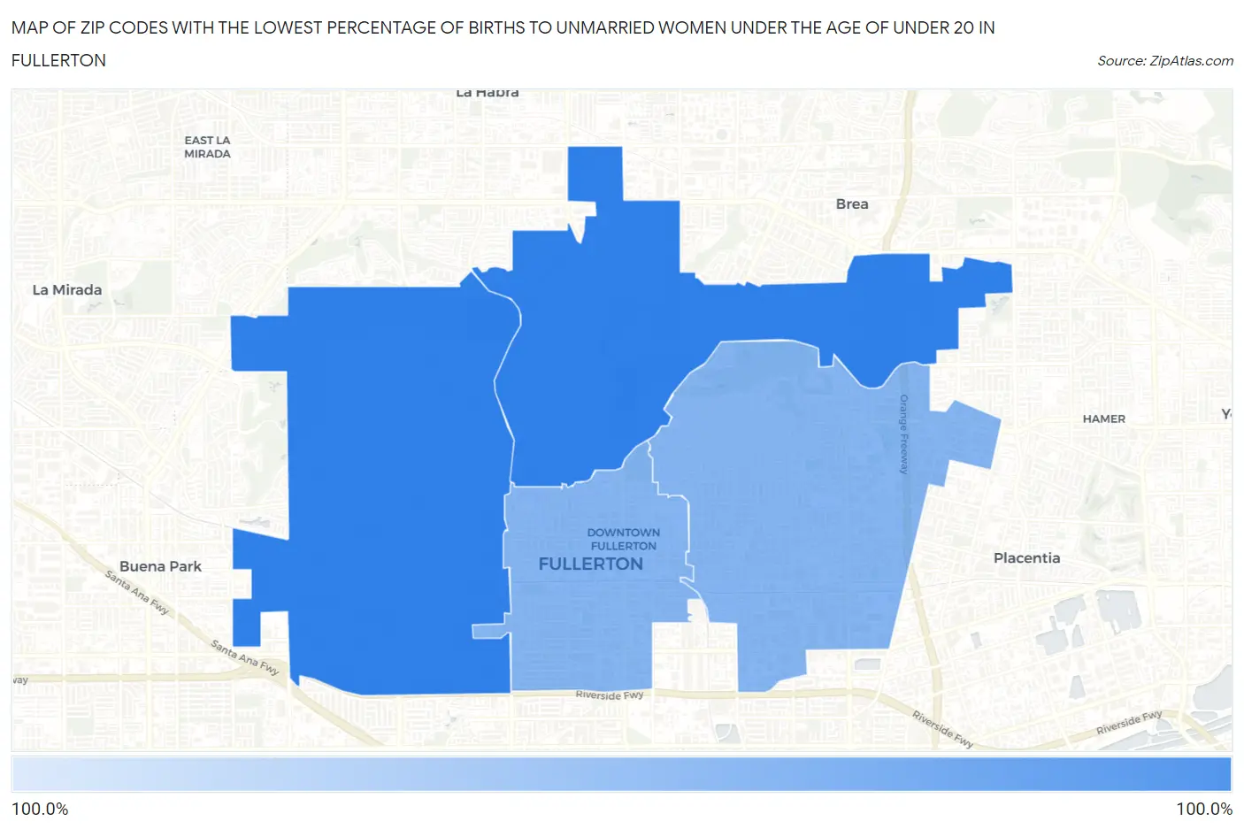 Zip Codes with the Lowest Percentage of Births to Unmarried Women under the Age of under 20 in Fullerton Map
