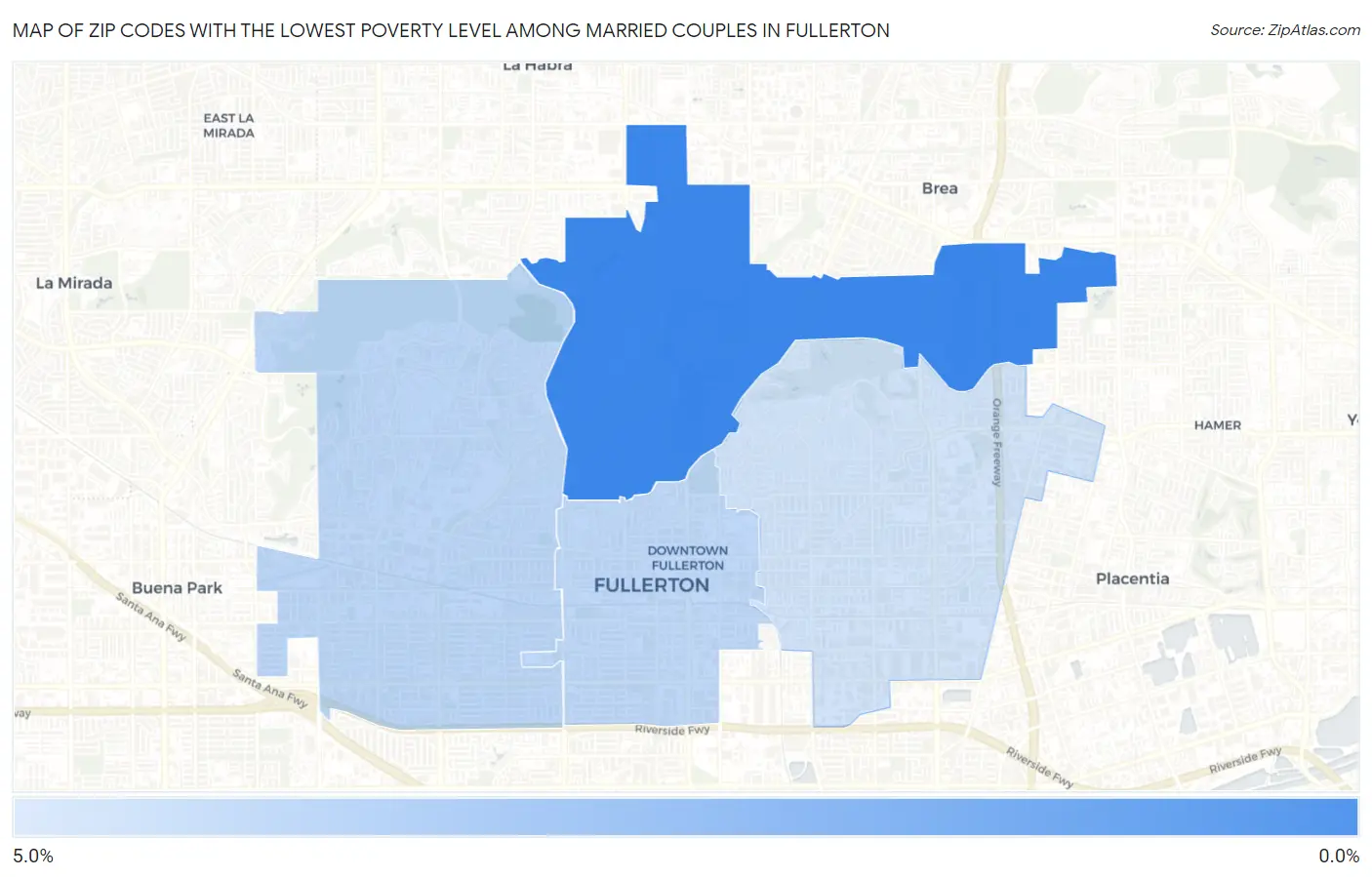 Zip Codes with the Lowest Poverty Level Among Married Couples in Fullerton Map