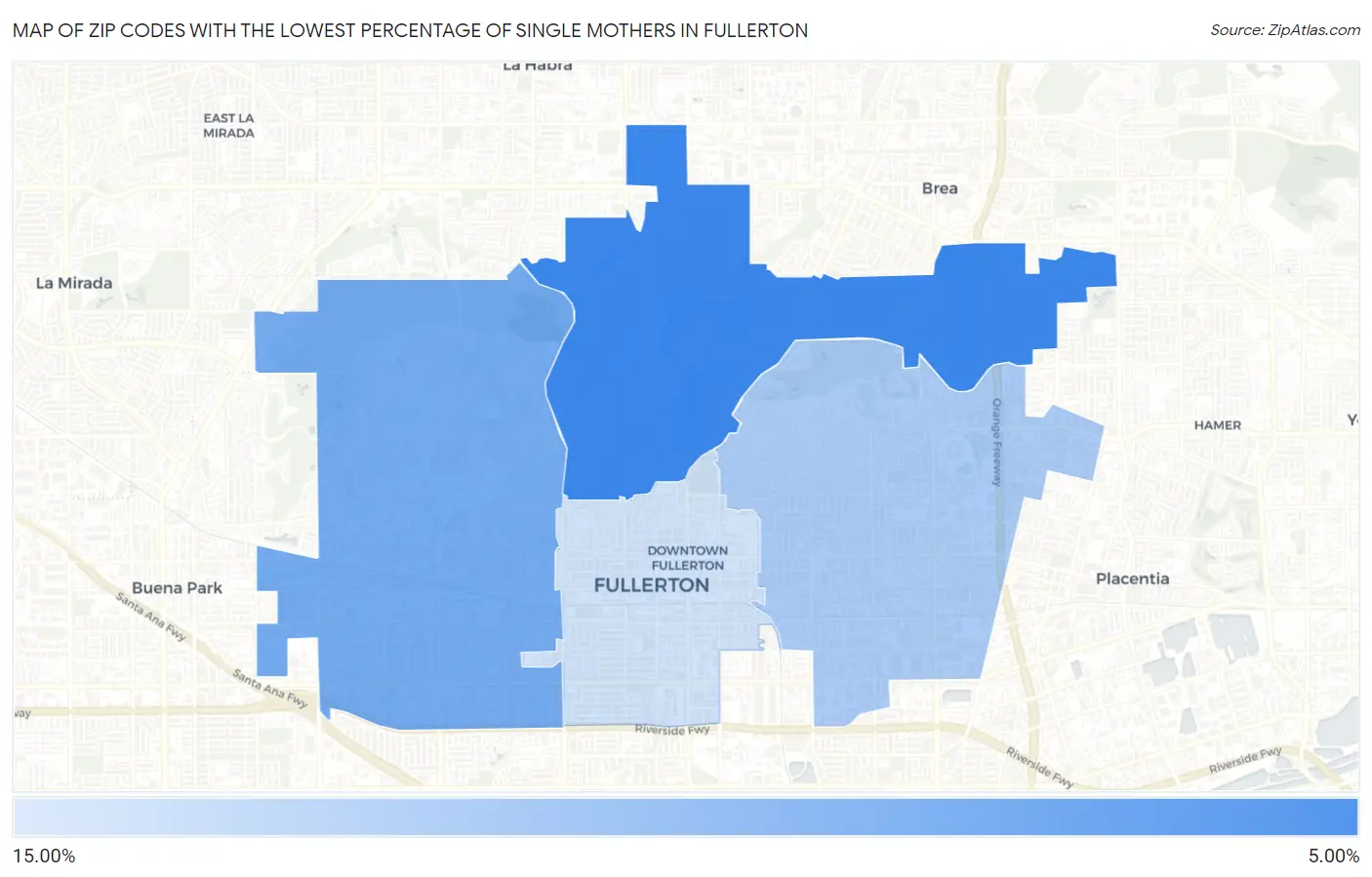 Zip Codes with the Lowest Percentage of Single Mothers in Fullerton Map