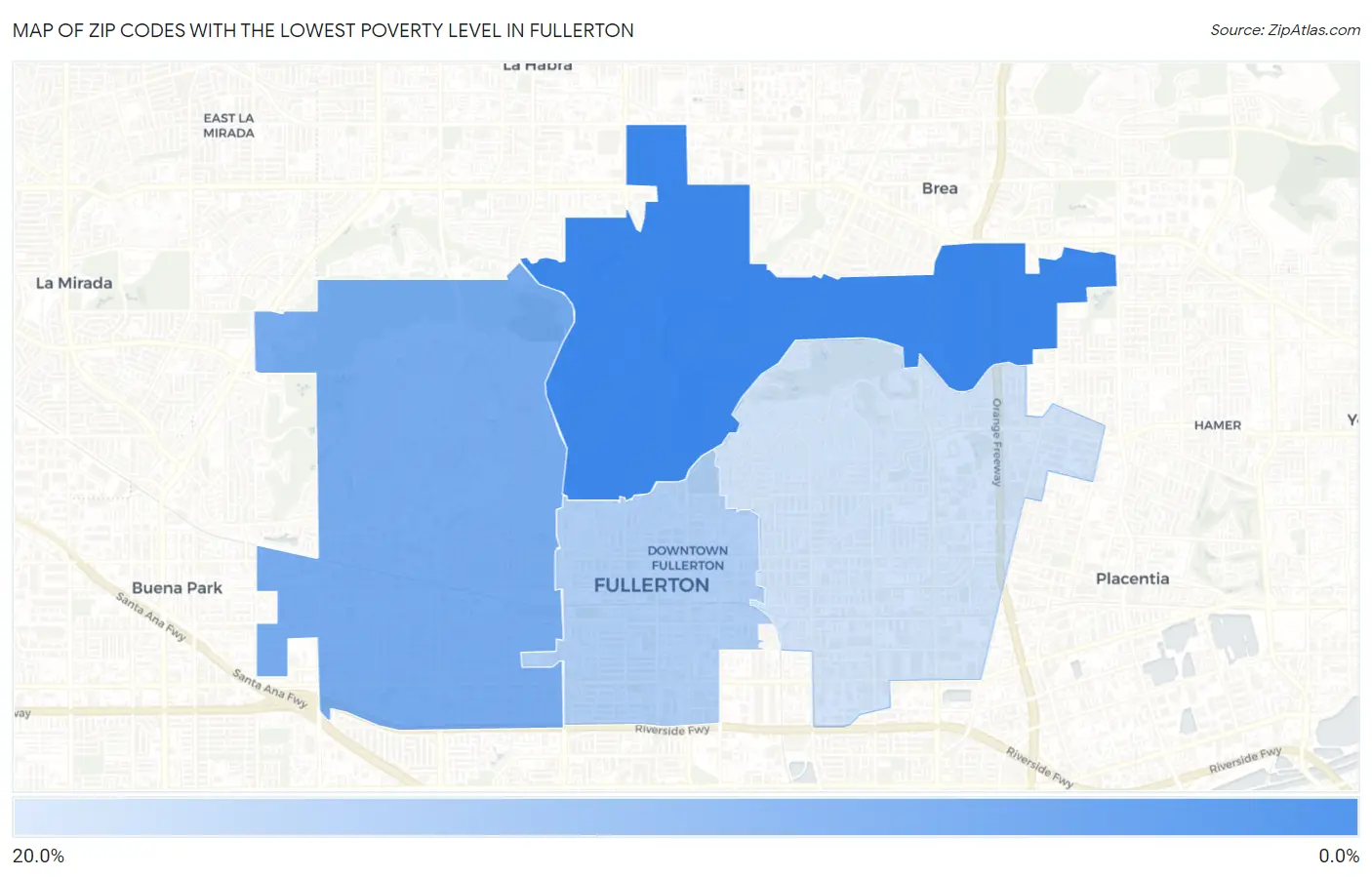 Zip Codes with the Lowest Poverty Level in Fullerton Map