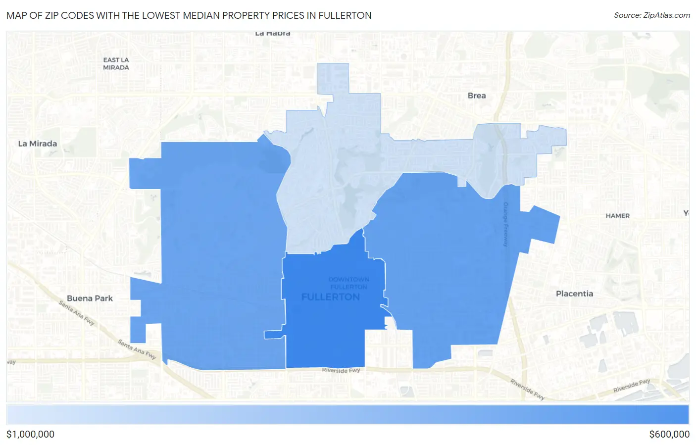 Zip Codes with the Lowest Median Property Prices in Fullerton Map