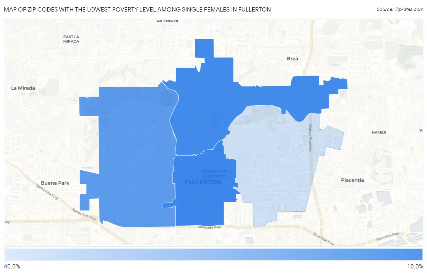 Zip Codes with the Lowest Poverty Level Among Single Females in Fullerton Map