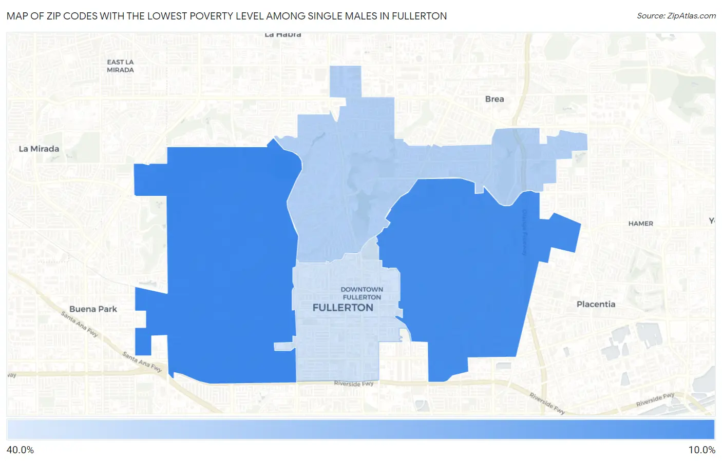 Zip Codes with the Lowest Poverty Level Among Single Males in Fullerton Map