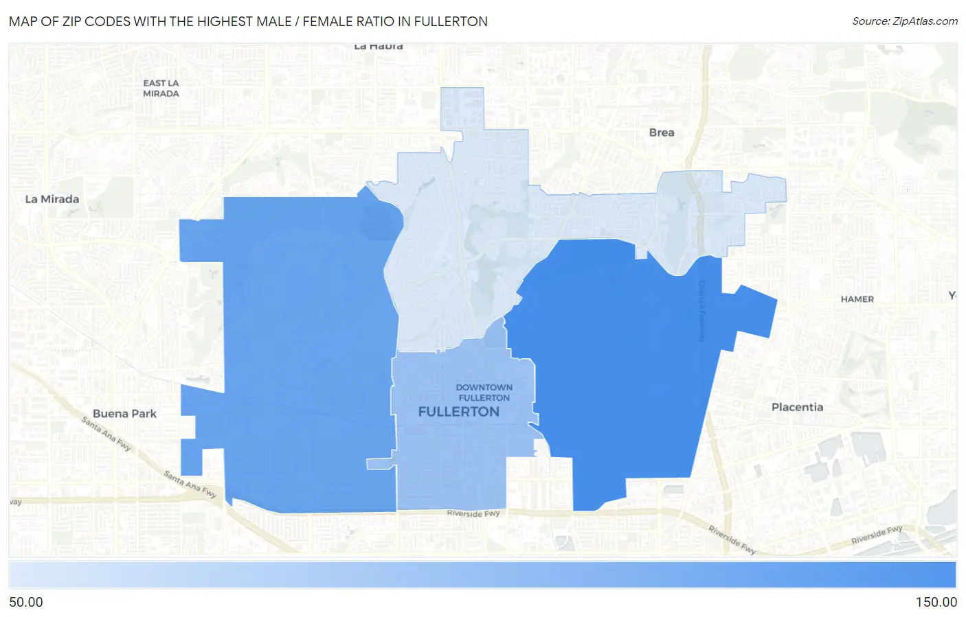 Zip Codes with the Highest Male / Female Ratio in Fullerton Map