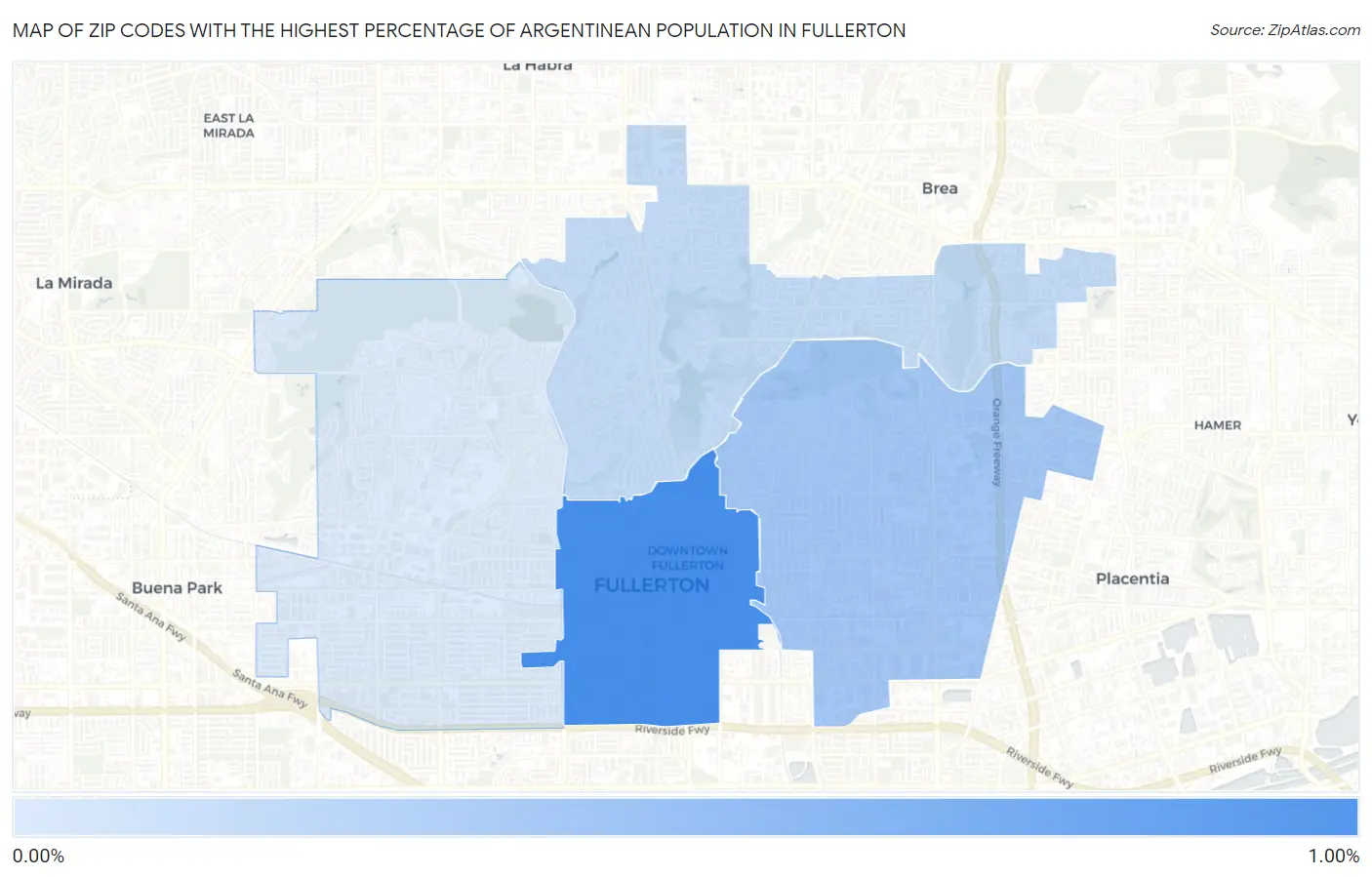 Zip Codes with the Highest Percentage of Argentinean Population in Fullerton Map