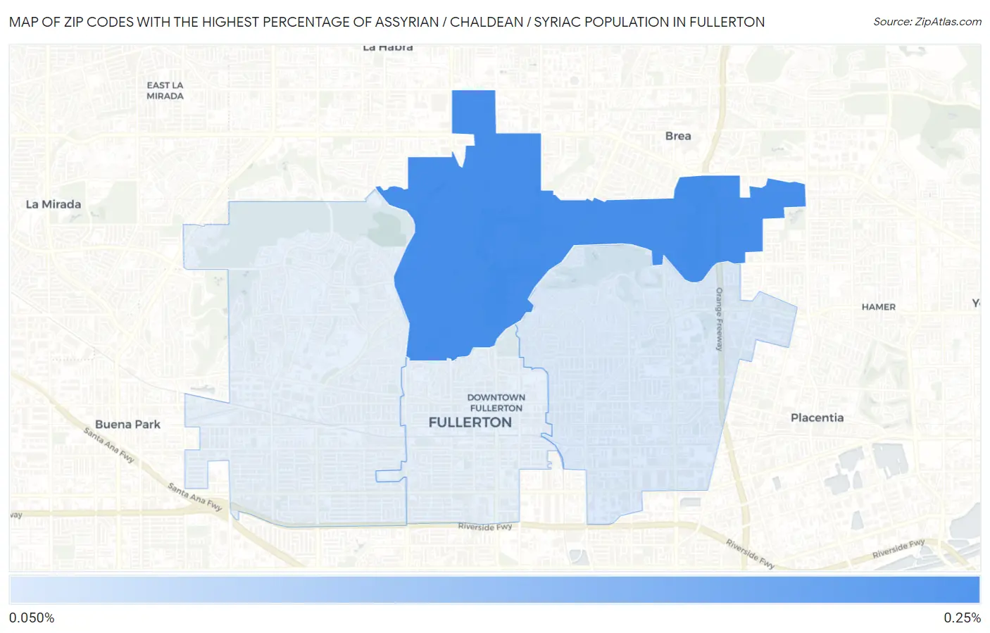 Zip Codes with the Highest Percentage of Assyrian / Chaldean / Syriac Population in Fullerton Map