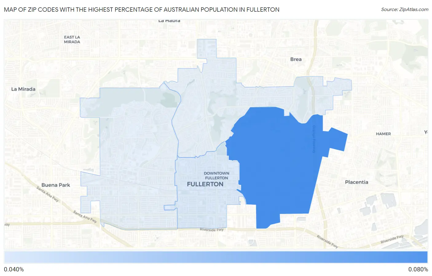 Zip Codes with the Highest Percentage of Australian Population in Fullerton Map