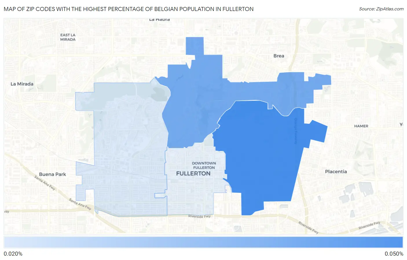 Zip Codes with the Highest Percentage of Belgian Population in Fullerton Map