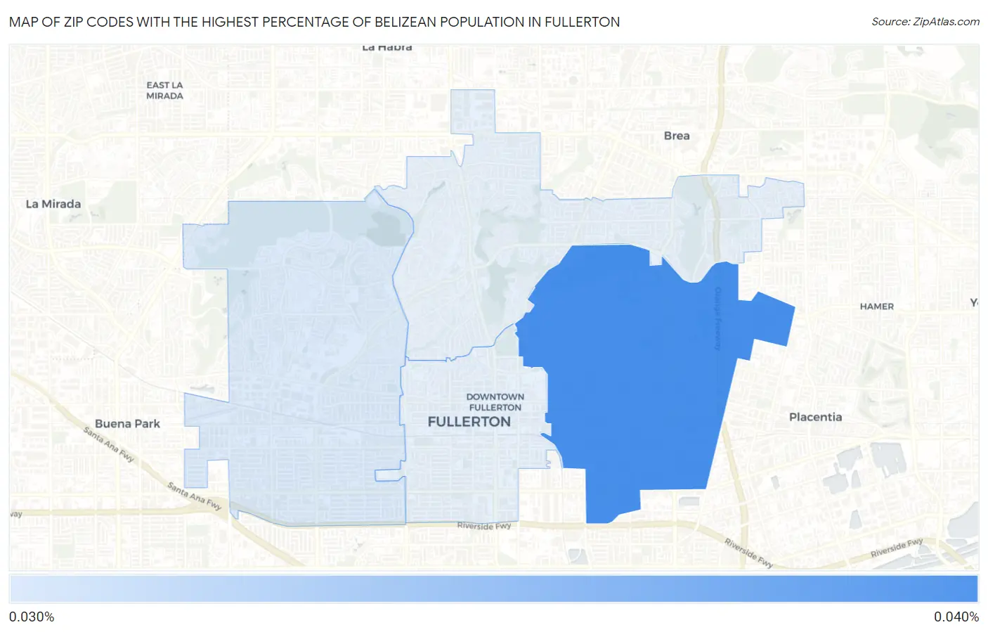 Zip Codes with the Highest Percentage of Belizean Population in Fullerton Map