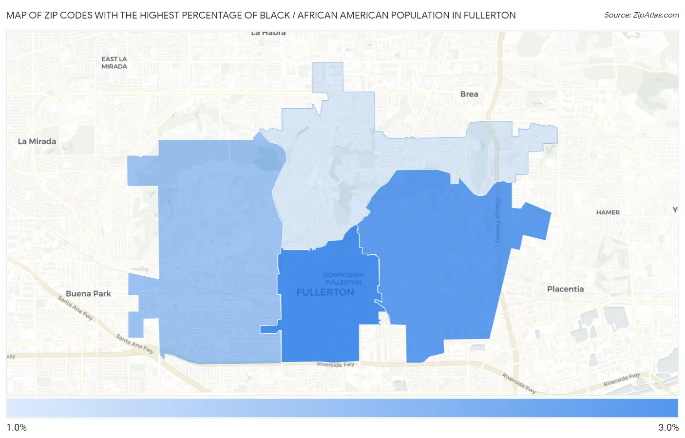 Zip Codes with the Highest Percentage of Black / African American Population in Fullerton Map
