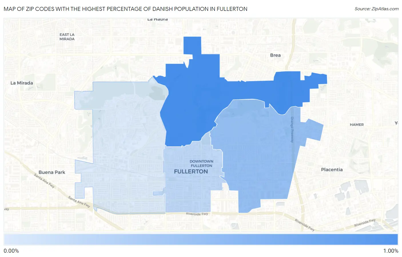 Zip Codes with the Highest Percentage of Danish Population in Fullerton Map